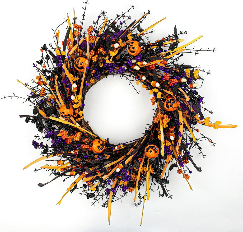 J'FLORU Black Halloween Wreath 22 Inch Artificial Halloween Wreaths for Front Door Black Wreath with Pumpkin Heads Candies Berries for Party Porch Farmhouse Indoor Outdoor
