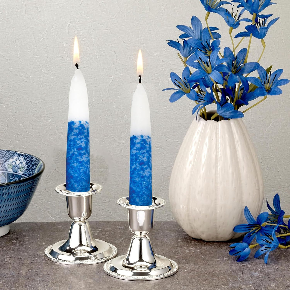 Rite Lite Blue & White Shabbat Candles Premium 12 Pack Traditional Dinner Table Jewish Household Shabbos Candles Religious Home Decor with Beautiful Gift Box & Artistic Card