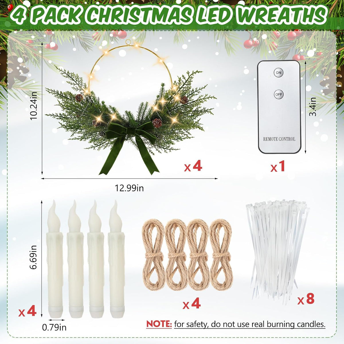 Aurelema 4 Set Christmas Wreath with LED Candles 13'', Bow, Green