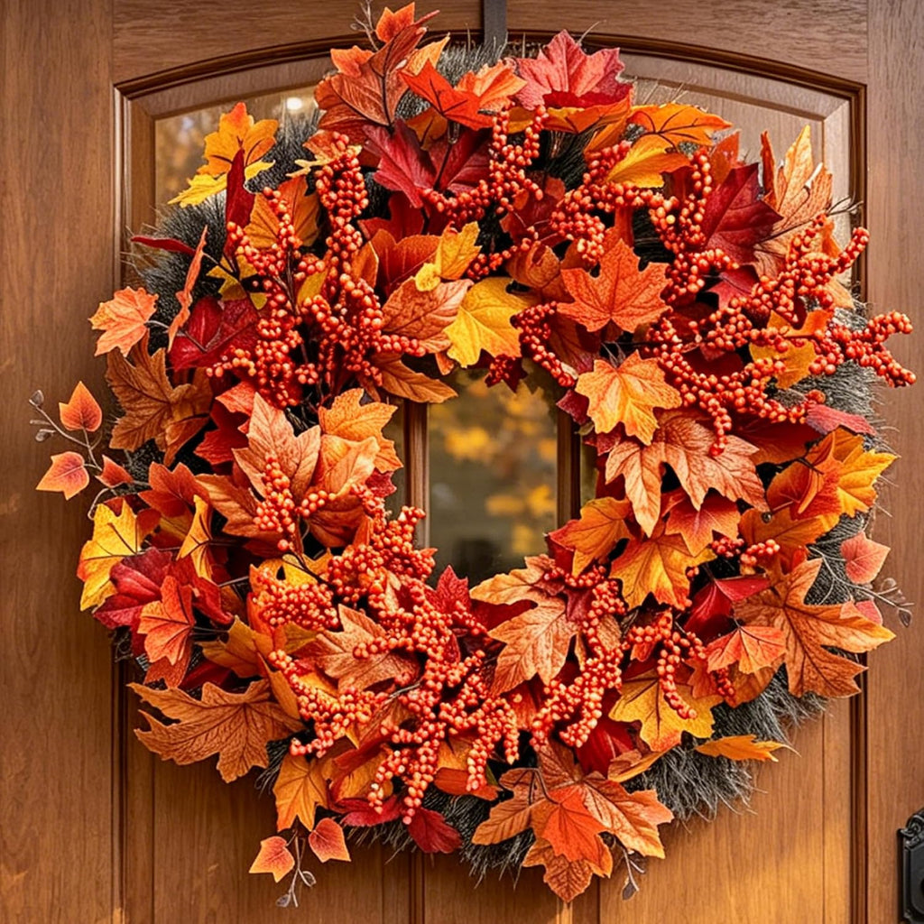 Fall Maple Leaf Wreath, 26Inch Fall Wreaths for Front Door, Large Autumn Wreath with Maple Leaves and Berries, Fall Wreath for Porch Thanksgiving & Harvest Fall Decor