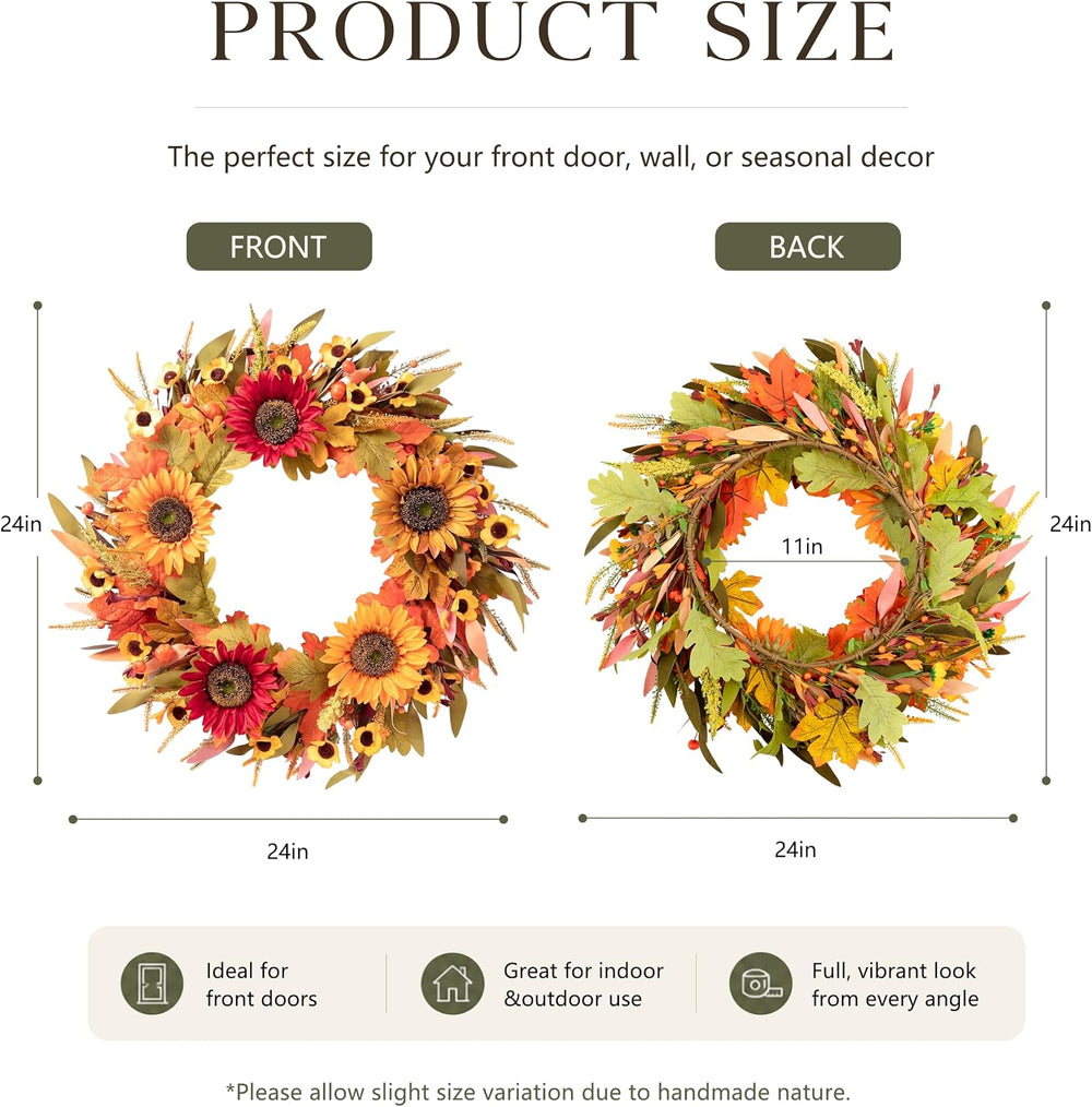 24“ Fall Wreaths for Front Door, Sunflower Wreaths Decor