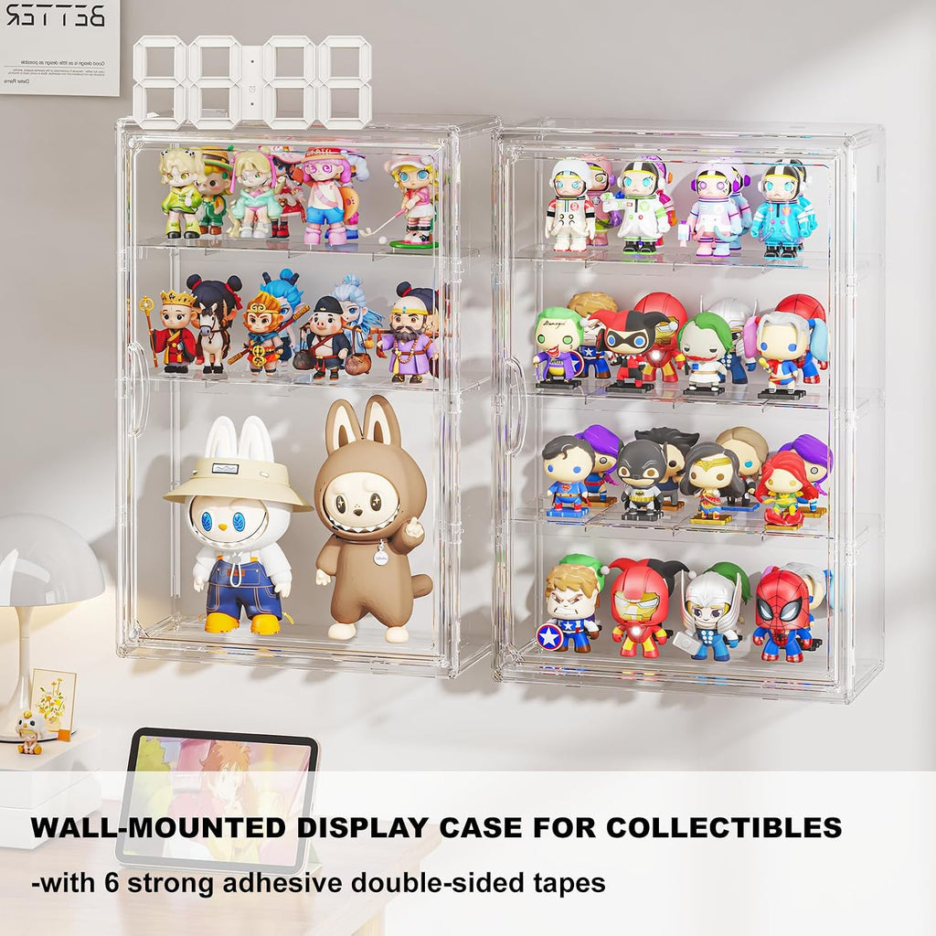 Clear 4 Tiers Acrylic Display Case for Figures Collectibles Wall Mounted Hobby Figurine Display Case with Shelves, Display Shelf Storage Box for Labubu Action Figures, Car Model, XXL, 2 Pack