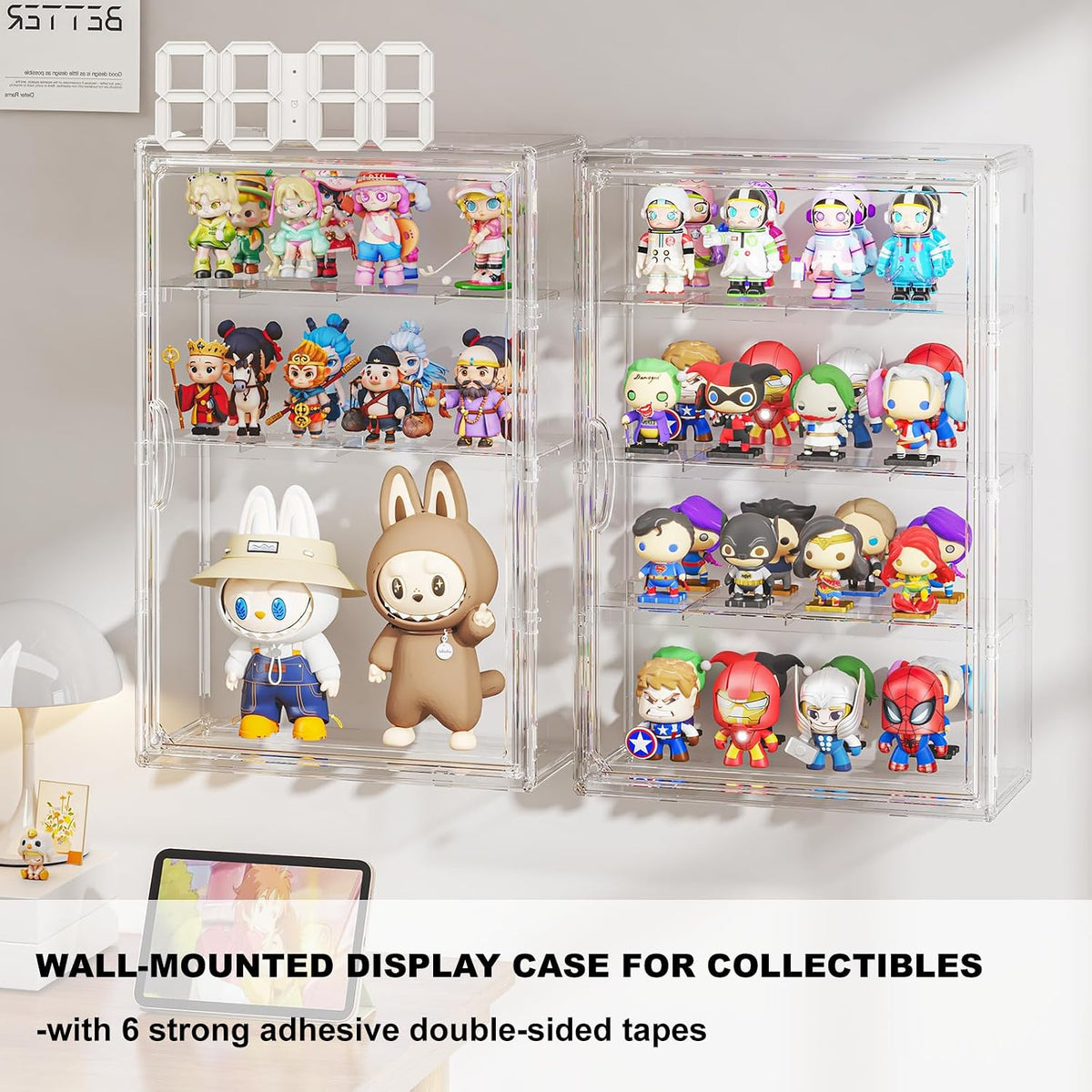 Clear 4 Tiers Acrylic Display Case for Figures Collectibles Wall Mounted Hobby Figurine Display Case with Shelves, Display Shelf Storage Box for Labubu Action Figures, Car Model, XXL, 2 Pack
