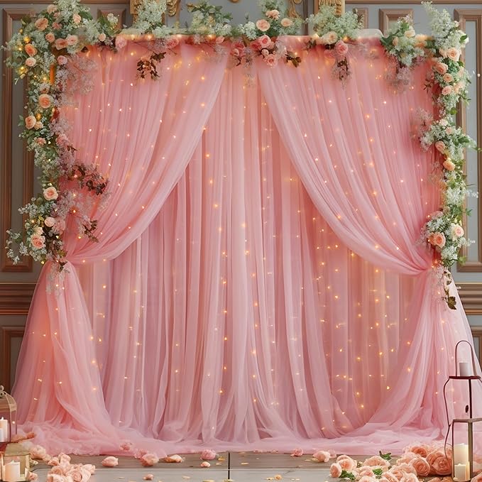 30×10ft Dusty Rose Tulle Backdrop Curtain with Lights String for Parties, Sheer Photo Backdrop Curtains for Wedding Party Photography Background