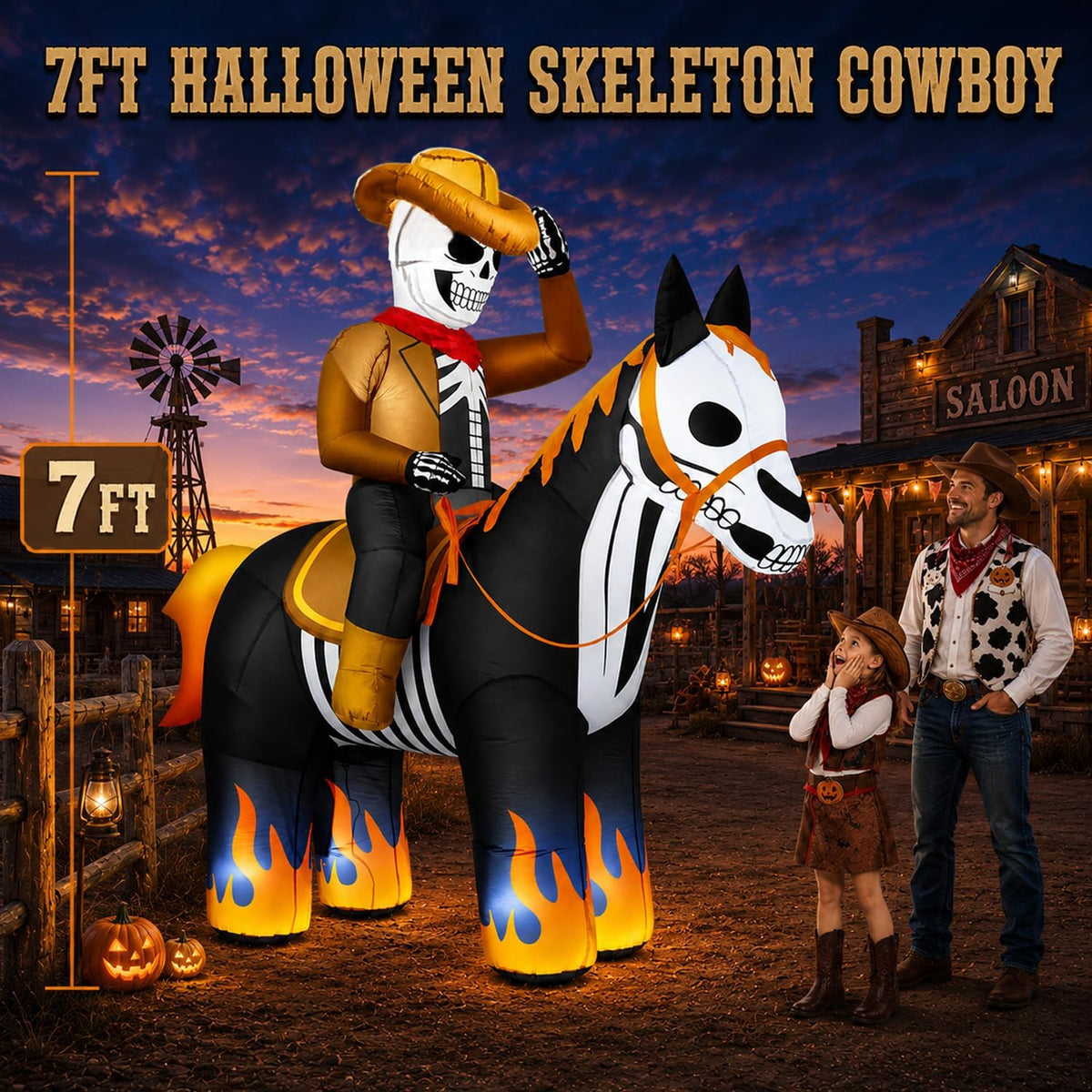 zukakii 7ft halloween inflatables decorations outdoor skeleton cowboy shown in use