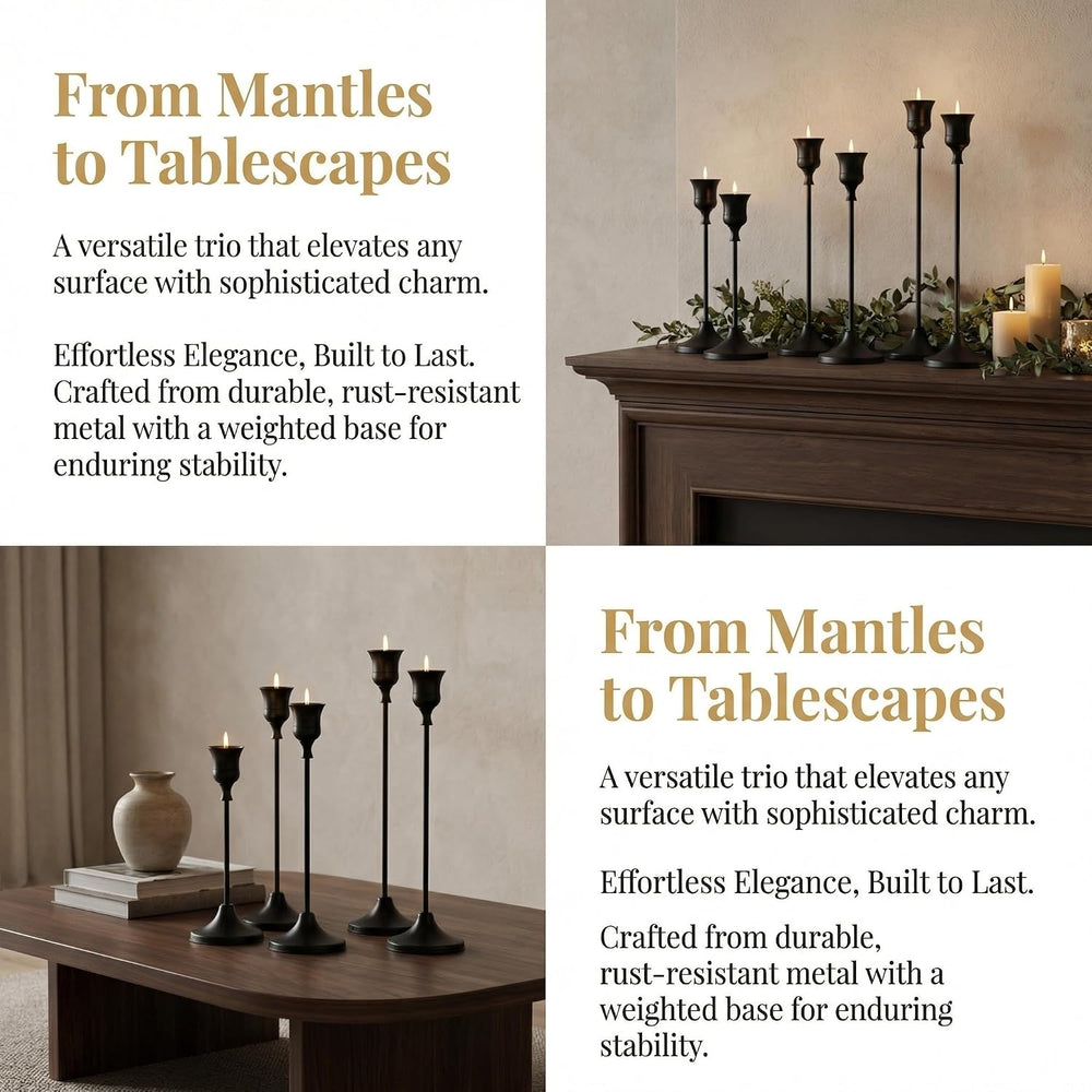 4 Sets(12 Pcs) Black Tapered Candle Holder,Candlestick Tall Metal Candlestick...