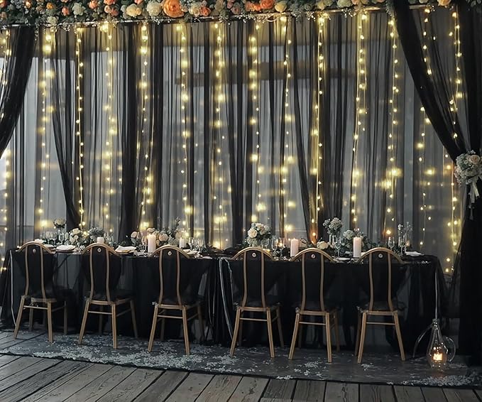 Black Backdrop Curtains with Lights String for Parties Wedding Bridal Shower 10×10ft Sheer Tulle Backdrop Curtain Panels for Baby Shower Birthday Party Photo Shoot Background Wall Decorations