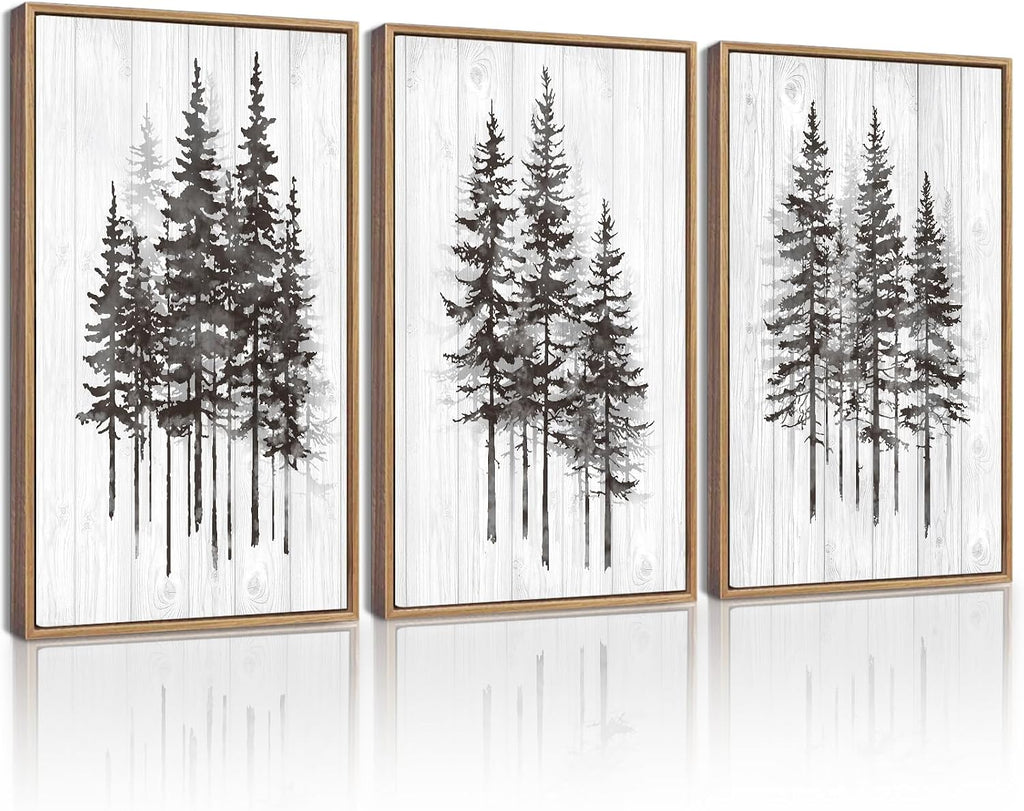 KUVIOKE Pine Tree Framed Wall Art Modern Nature Landscape Forest Wooden Wall Decor Rustic Farmhouse Minimalist Painting Home Decor 11x14in (Natural Framed)