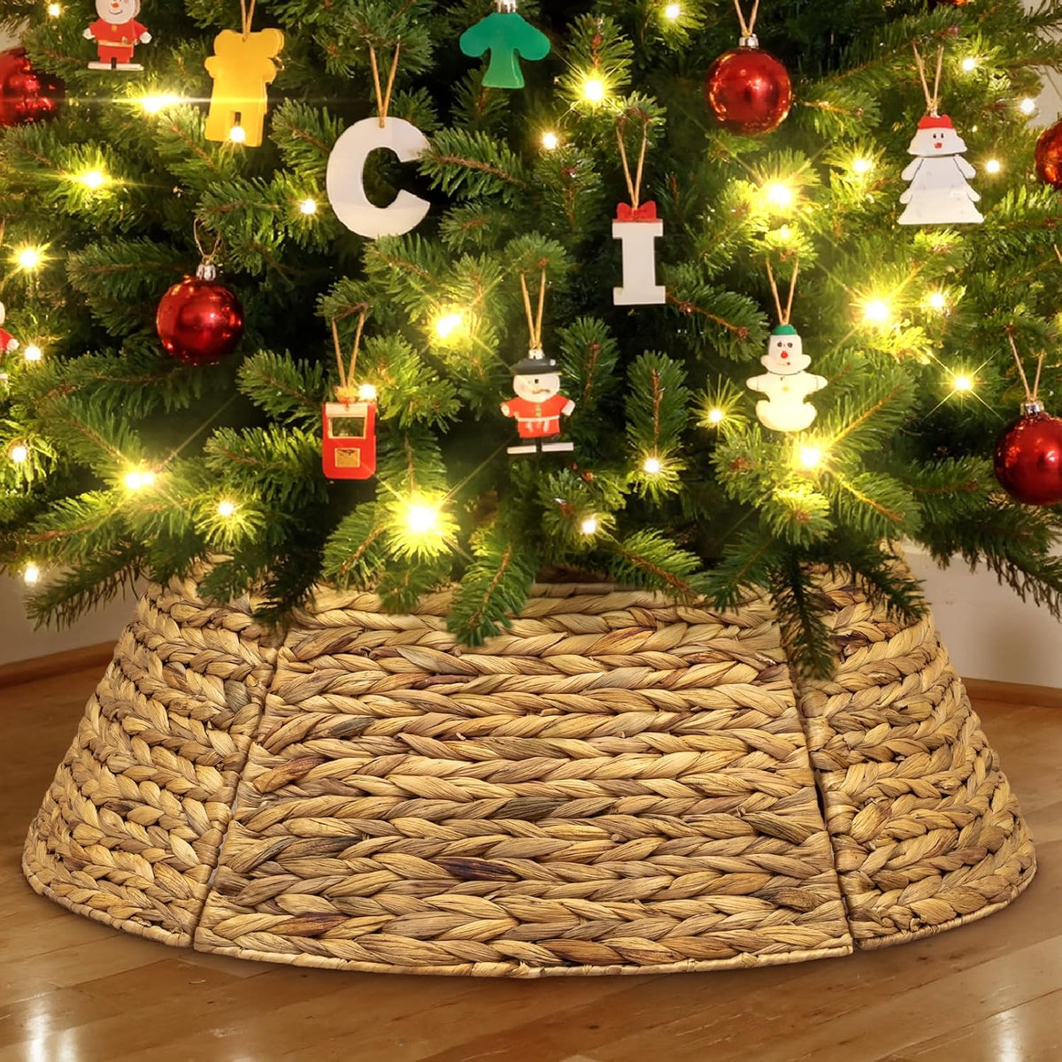 Lanpn Natural Rattan Christmas Tree Collar 24 inch, Decorative Wicker Woven Tree Skirt Ring Stand Base Cover Rustic Farmhouse for Small mini Pencil Silm Artificial Trees Xmas Decor (Oringinal)
