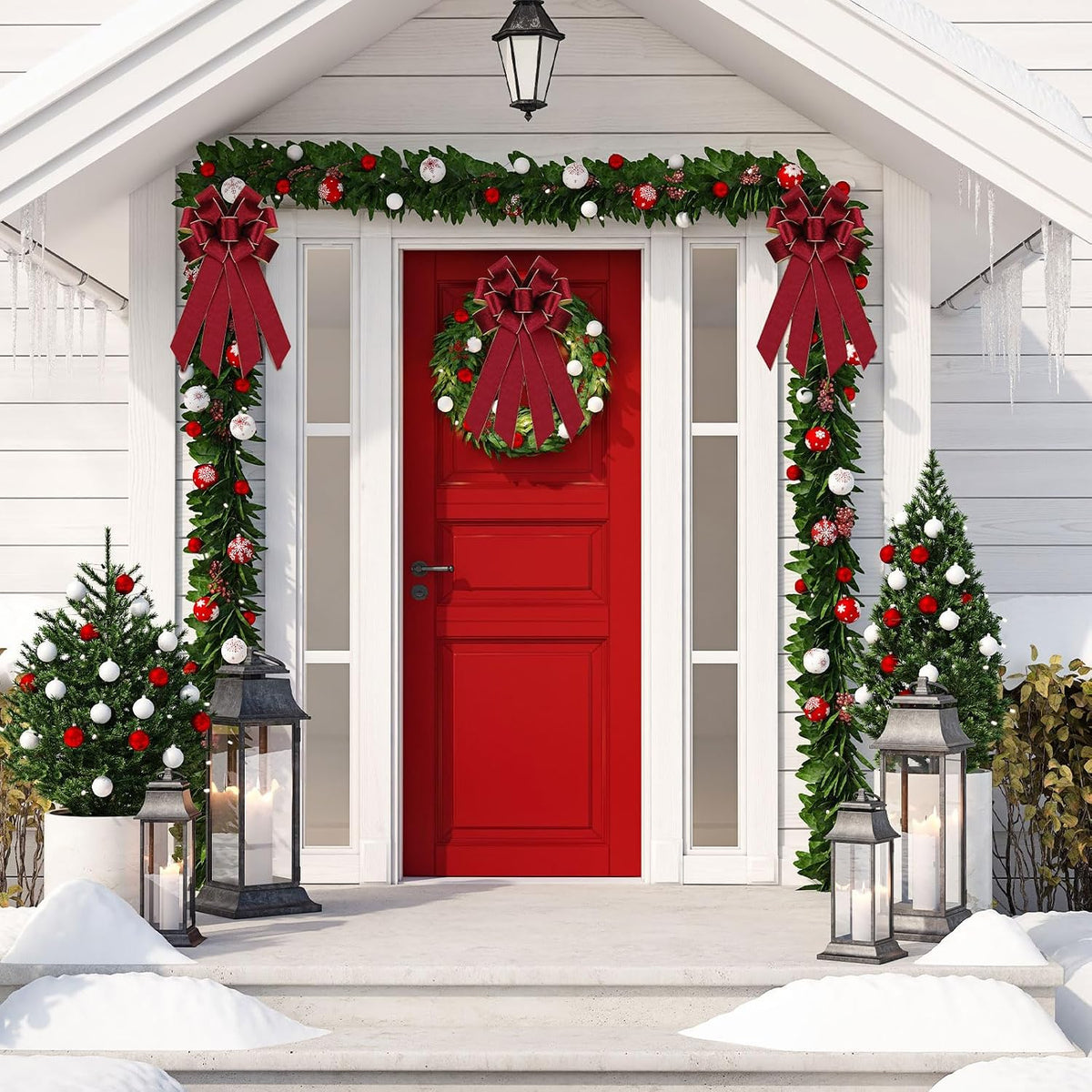 Yinkin 12 Pack Christmas Velvet Wreath Bows 11.4"x19.6" Large Christmas Tree Topper Bow for Winter Xmas Home Party Front Door Fireplace Stairs Railing Mailbox Decor (Wine)