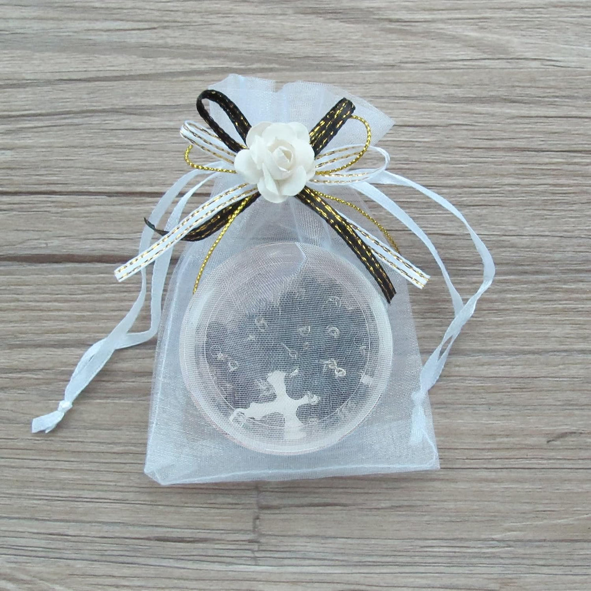 Memorial Rosary Gift Bulk (12 PCS) Black Scented Wood Beads with Clear Container and Black Ribon and Charm Rememberance of Deceased Favor (White)