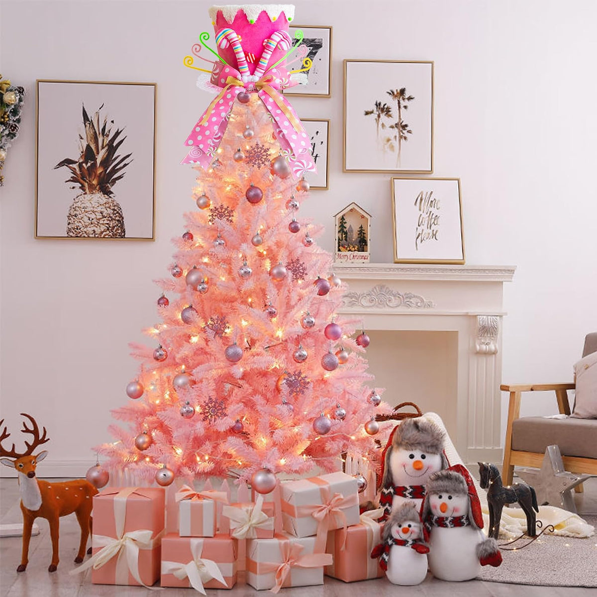 Christmas Tree Topper Hat, Candy Canes Tree Topper, Pink Tree Topper Christmas Decorations with Bow Ribbon Christmas Tree Ornaments for Home Decor