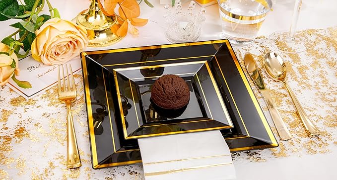 Festiva 350Pcs Black and Gold Plastic Plates-50Guests Disposable Square Black Dinnerware Set include 100 Plastic Plates,50Cups,150Plastic Cutlery,50Napkins for Halloween Party &Wedding&New Year