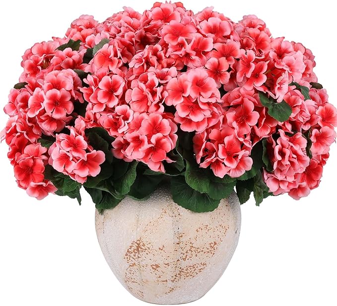 Hananona Artificial Geranium Flowers for Outdoors Geranium Silk Flowers Outdoor UV Resistant Garden Plants Faux Flowers for Home Kitchen Table Centerpieces Decor (12, Peach) (12 Pcs)