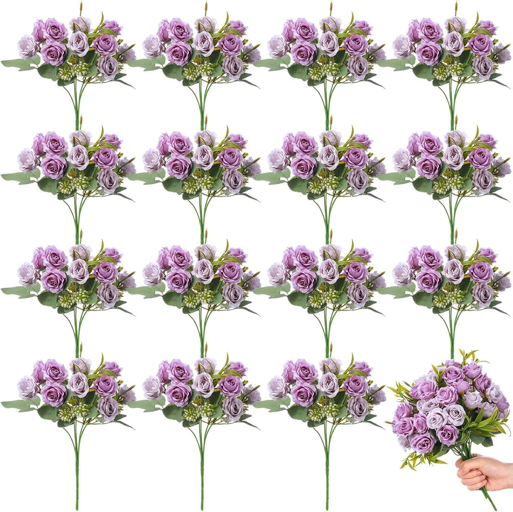 16 Bunches Artificial Rose Bouquet, Purple and Light Purple
