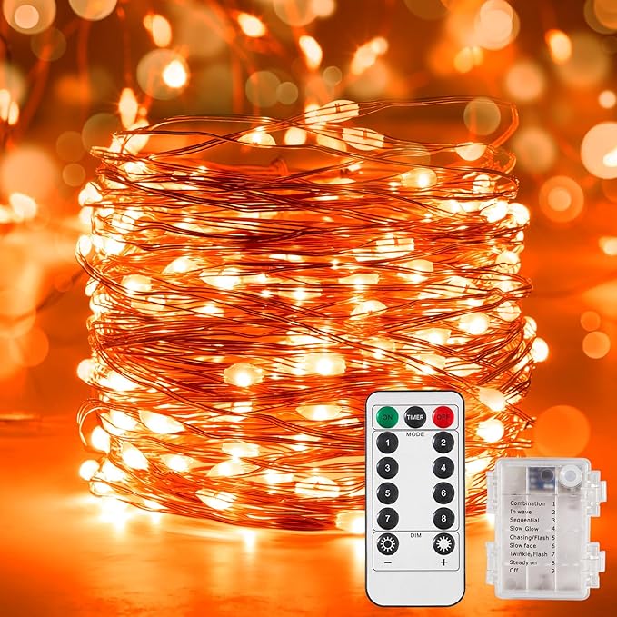 2 Pack 65.6 Ft. Battery Operated Outdoor String Lights with Remote & Timer, LED Orange Fairy Lights, Waterproof Twinkle Lights for Bedroom, Dorm, Mason Jar, Wedding, Party, Christmas