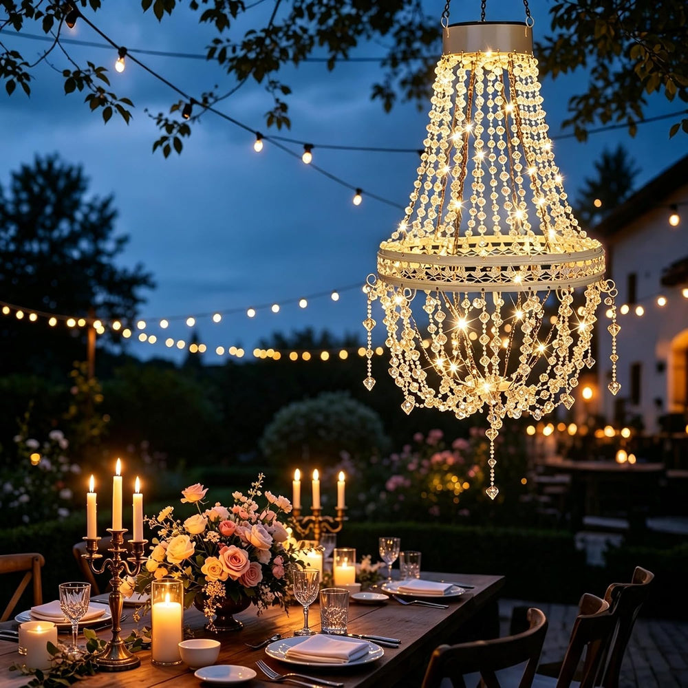 Solar Chandelier Outdoor, Crystal Hanging Solar Garden Lights Waterproof