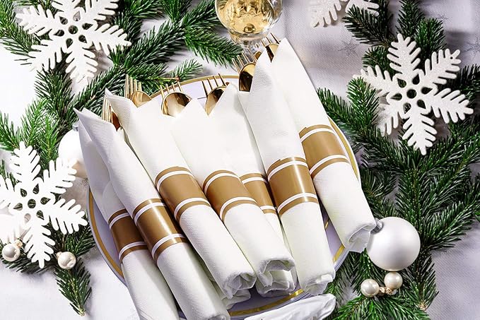 Supernal 60 Pack Pre Rolled Napkins with Gold Plastic Silverware, Premium Disposable Gold Wrapped Cutlery Set Includes: 60 Forks 60 Knives 60 Spoons 60 Napkin for Party