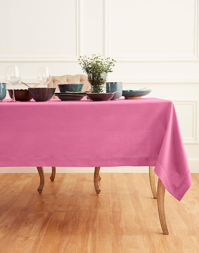 Solino Home Linen Tablecloth for Rectangle Tables 60 x 120 Inch - Classic Hemstitch 100% Pure Linen Flamingo Pink Table Cloth - Machine Washable Cloth Tablecloth for Halloween