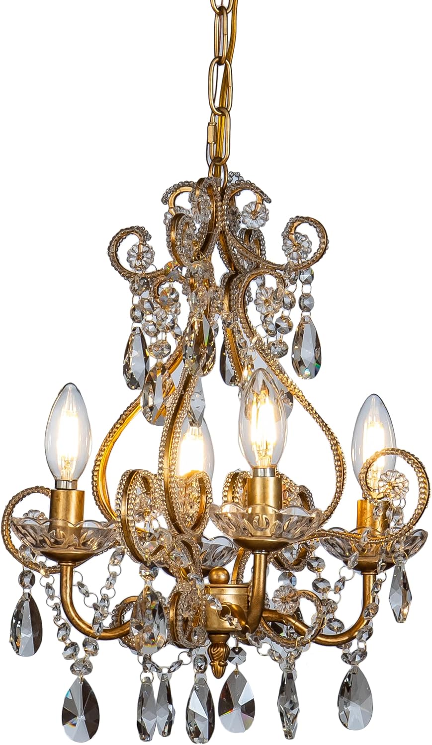 4-Light W14 in. French Country Chandelier Antique Gold Small Crystal Chandeli...