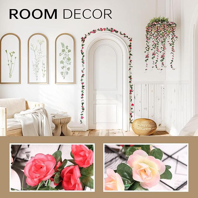 Miracliy 9Pcs 74FT Pink Flower Garland Artificial Rose Arch Vines Fake Spring Floral Garland for Flower Wall Backdrop Wedding Mothers Day Garden Tea Party Decoration