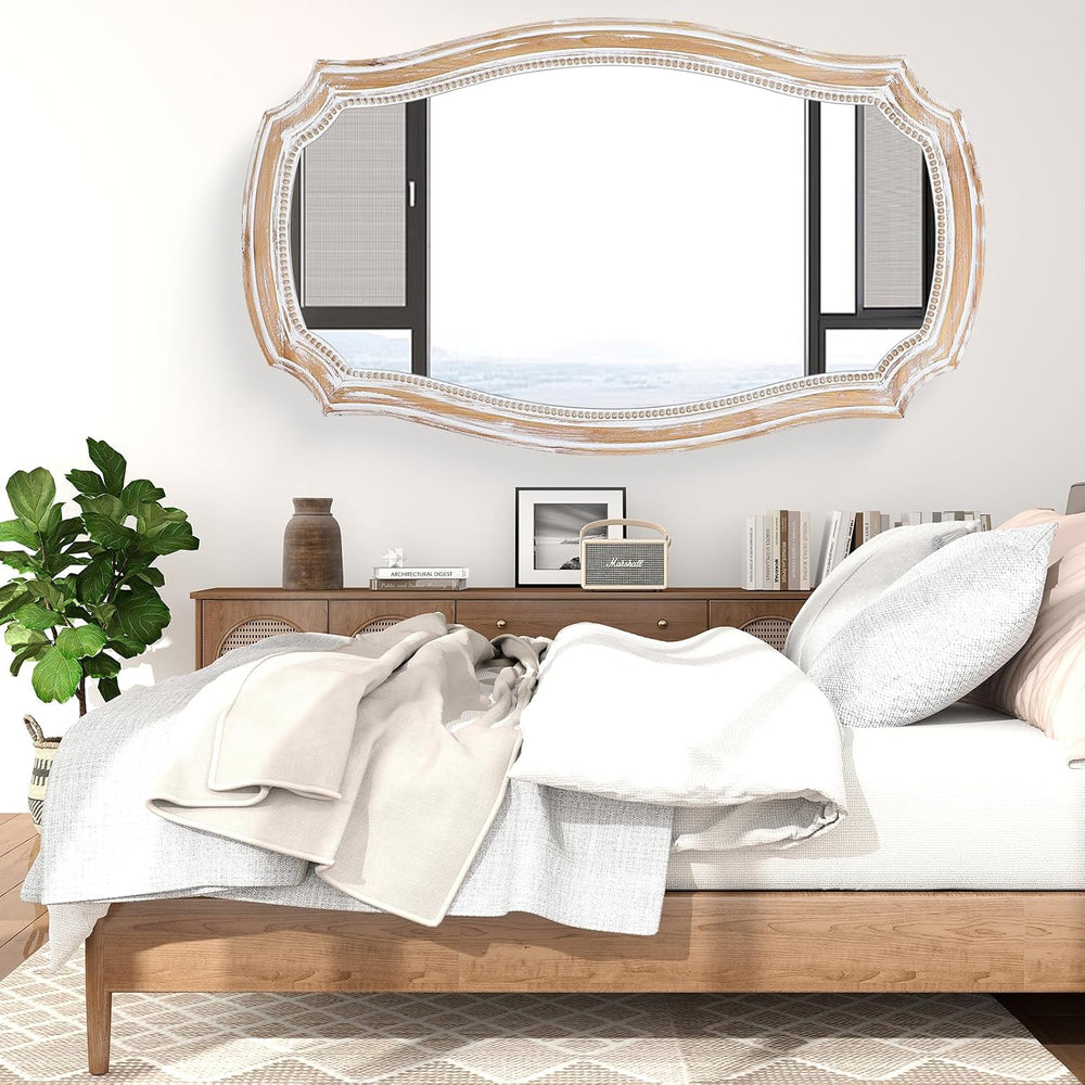Scalloped Wall Mirror with Wood Frame, 36x24 Inch Distressed Mirrors