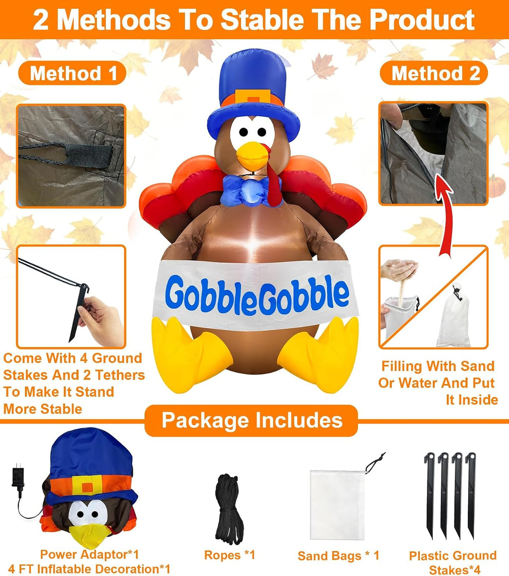 4 ft thanksgiving inflatables turkey outdoor decorations with on a desk or shelf