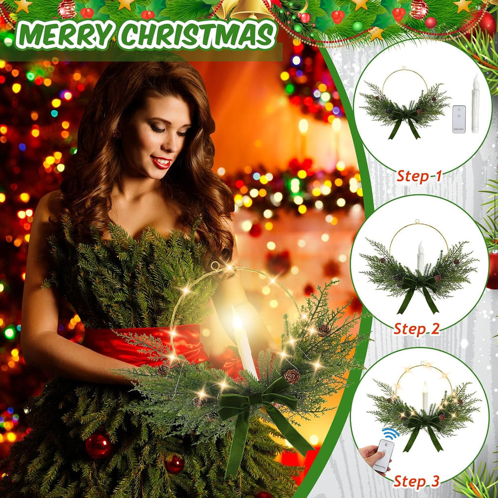 Aurelema 4 Set Christmas Wreath with LED Candles 13'', Bow, Green