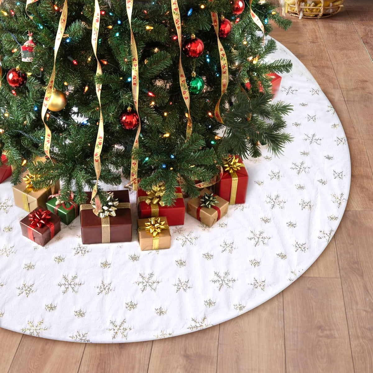 72 Inches Christmas Tree Skirt for Xmas Tree Holiday Party Decorations White Plush Gold Sequin Snowflake