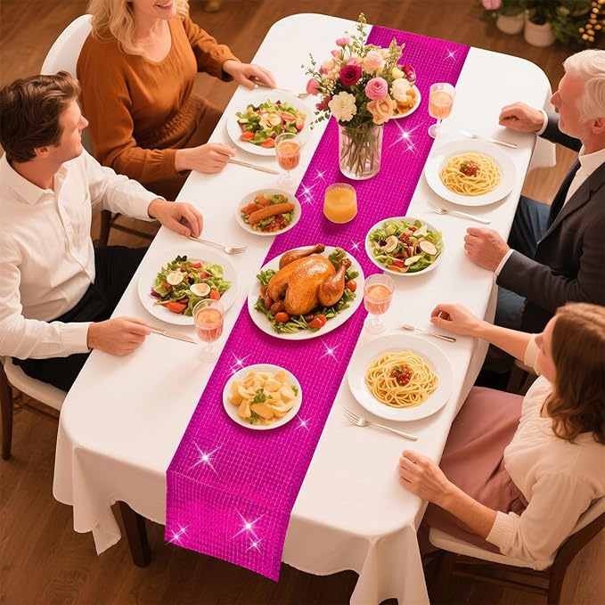 SquarePie Disco Table Runner 6 Pack - Hot Pink Mirror Sequin Glitter Foil Runner for Disco Party Decor Retro 70s 80s Theme, Bachelorette Birthday Dance Decoration 12x108 Inch (2 Pack)
