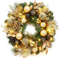 22 in Artificial Christmas Wreath, Pre-Lit Lighted Christmas Wreath with Ball Ornaments, Golden Leaves, Pine Needles, Winter Xmas Wreath with Timer for Door Window Fireplace