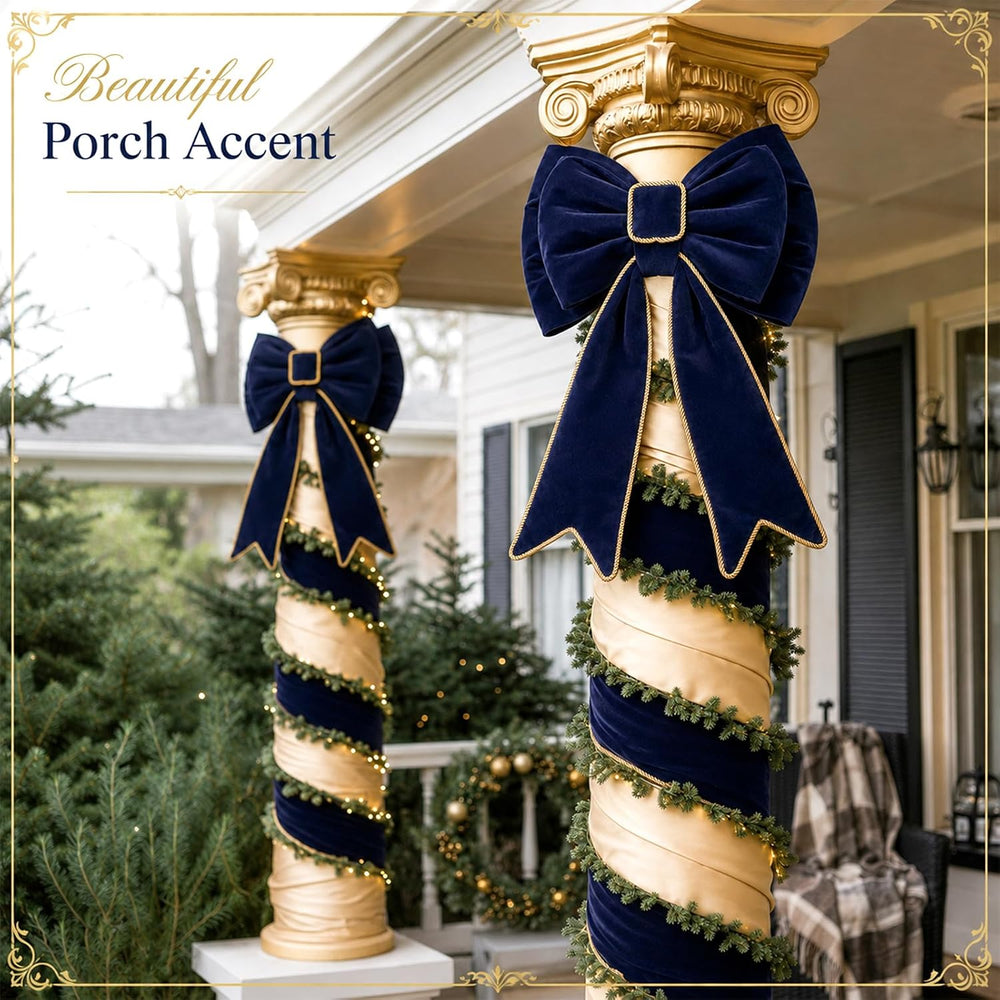 30'' Navy Blue Christmas Tree Topper Velvet Bows Decor with Gold Trim