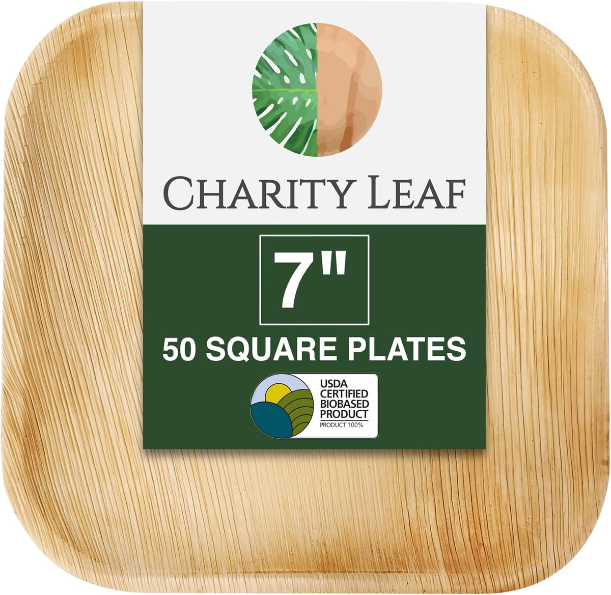 Charity Leaf Disposable Bamboo 7" Square Plates (50 pieces) Bamboo Serving Platters, Disposable Boards, Eco-Friendly Dinnerware For Weddings, Catering, Events