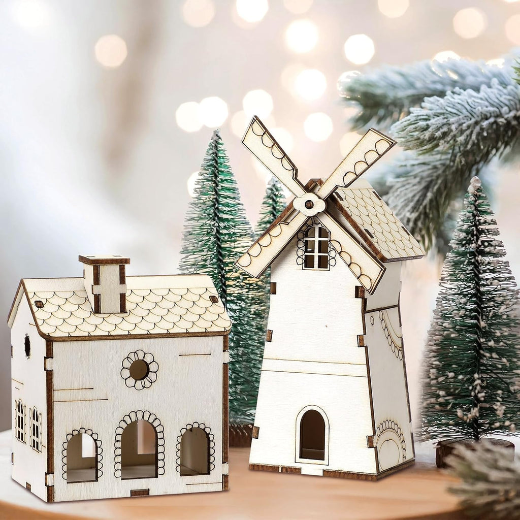 hiboom 24 pcs diy wooden christmas village house showing dimensions