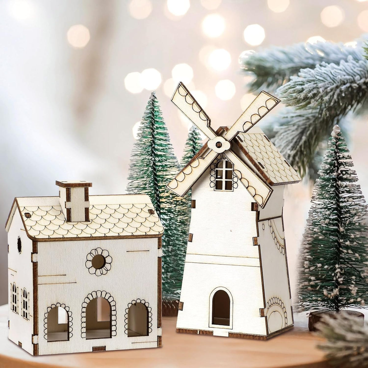 hiboom 24 pcs diy wooden christmas village house showing dimensions