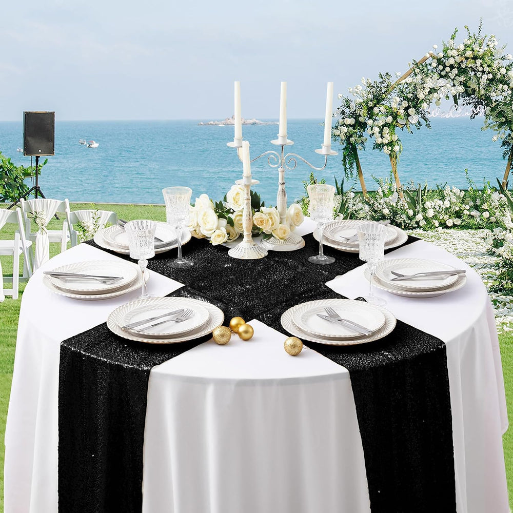 Aormenzy 12 Pack Black Sequin Table Runner 12" x 72"