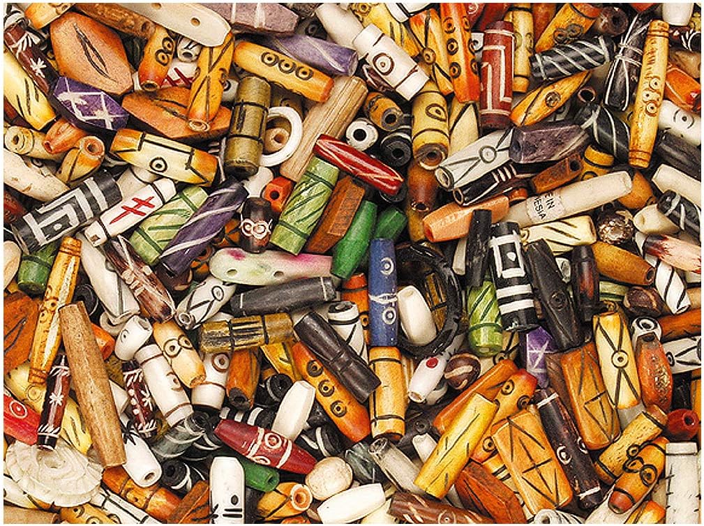 Bone Beads and Pendants, Assorted, 300 Pieces, Rustic Trade Beads and Pendants, 200 Larger and 100 Smaller Spacers, Brown, Black, White,