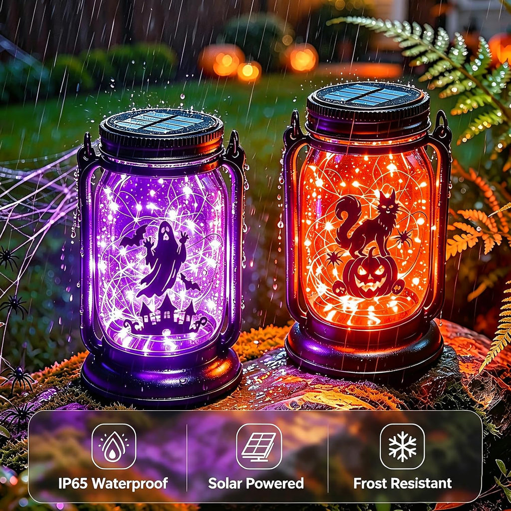 Halloween Solar Lanterns-Ghost &Cat Pumpkin Decor Hanging Mason Jar Lights