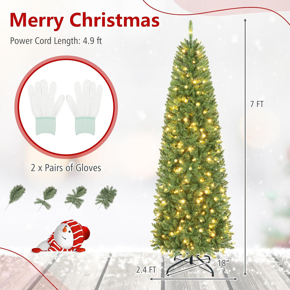Goplus 7ft Pre-Lit Pencil Christmas Tree with 350 Warm White LED Lights