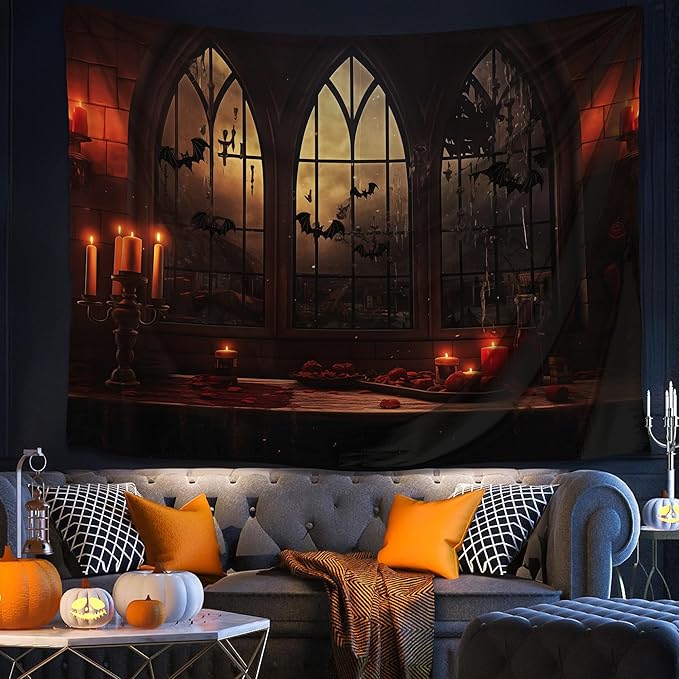 QGHOT Halloween Tapestry Wall Hanging Horror Castle Window Tapestry Gothic Spooky Backdrop Vampire Medieval Tapestries for Bedroom Living Room Dorm Wall Art Decor (90.6"x70.9")
