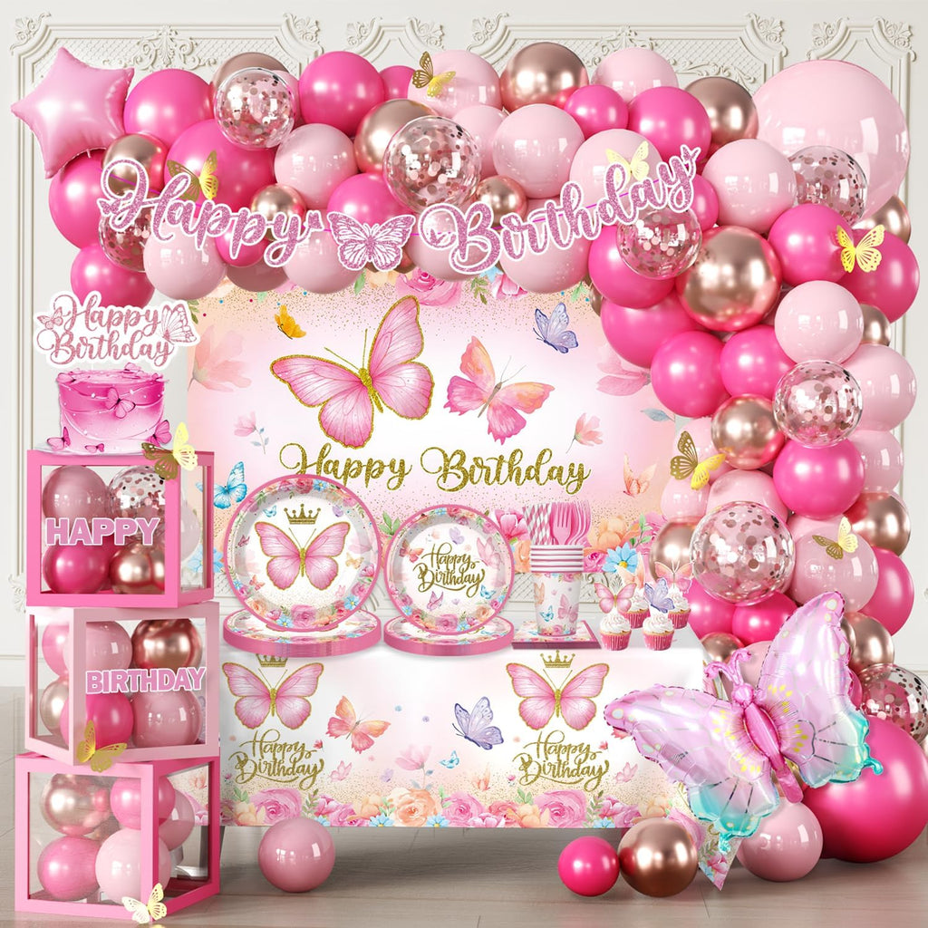 Pink Butterfly Birthday Decorations, All-in-One Set for 25 Guests