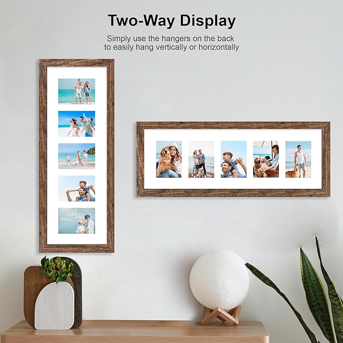8x24 Picture Frame 2 Pack, Rustic Brown Wood Frame with Tempered Glass, Display Pictures Multiple Five 4x6 With Mat or 8 x 24 Without Mat - Horizontal or Vertical Wall Mounting