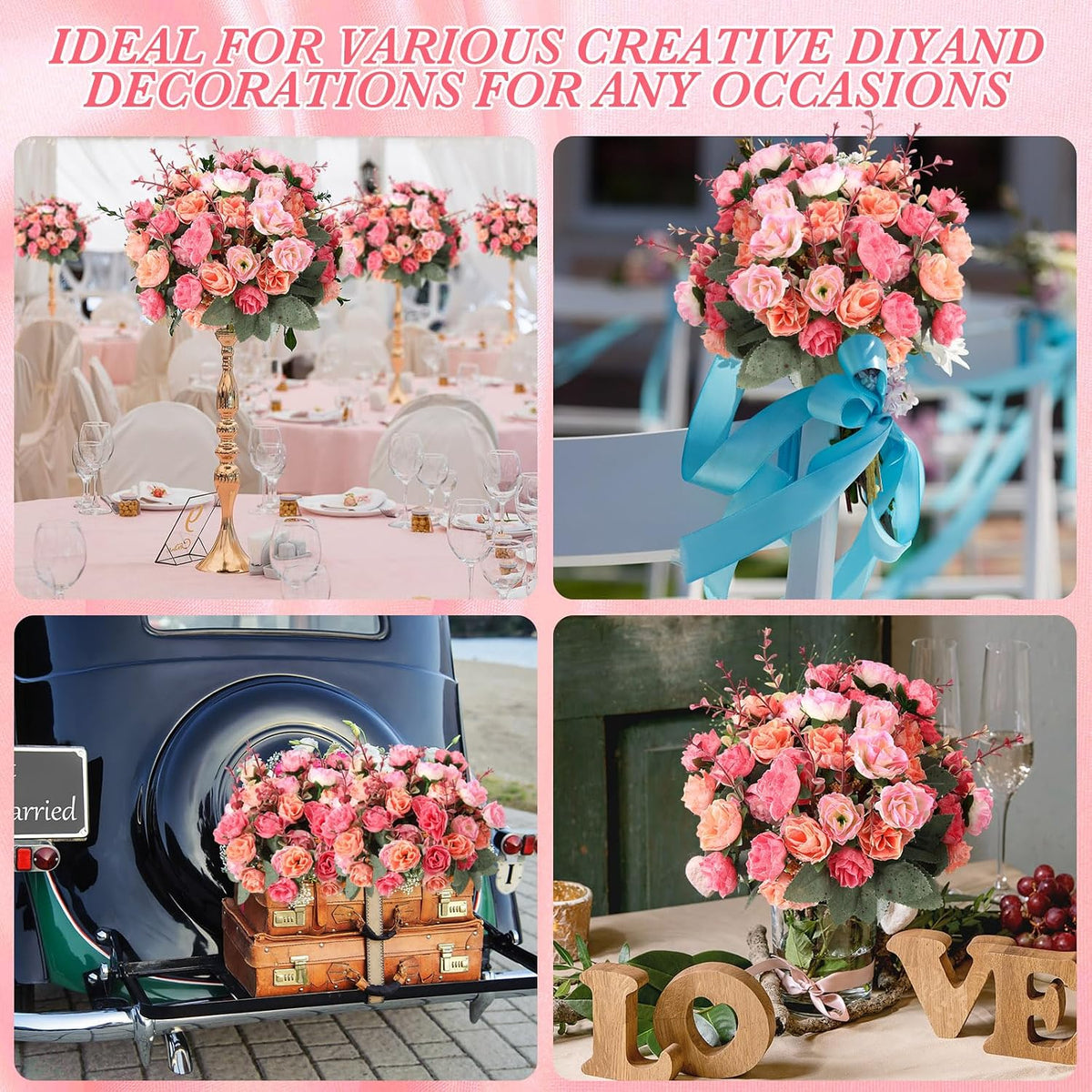 Geosar 16 Pcs Artificial Rose Flowers Bouquets 21 Heads Each, Pink