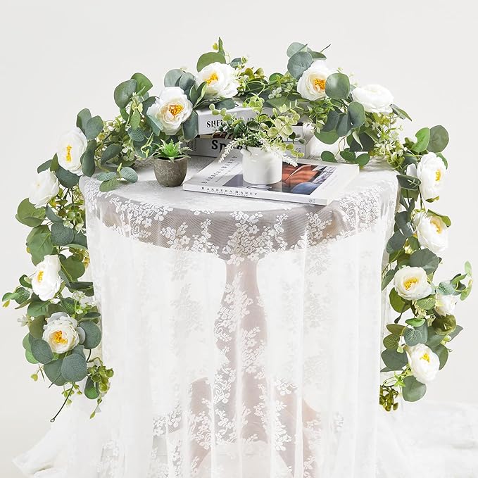 4 Pack Artificial Eucalyptus Flower Garland with White Roses, Fake Flowers Greenery Garland Flower Vines for Wedding Party Centerpiece Mantle Table Runner Spring Summer Home Decor (4PCS, White)
