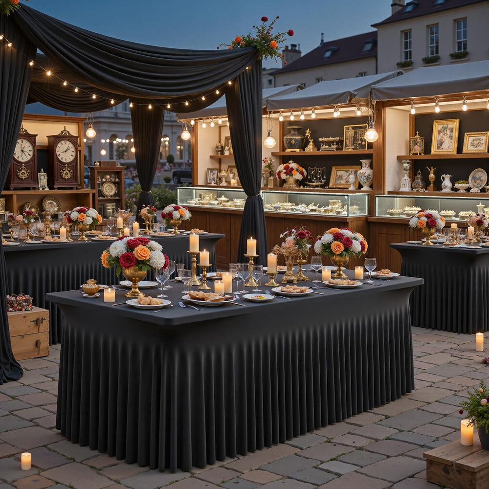 8ft Black Spandex Tablecloth for Rectangle Tables, 4 Pack for Wedding Party