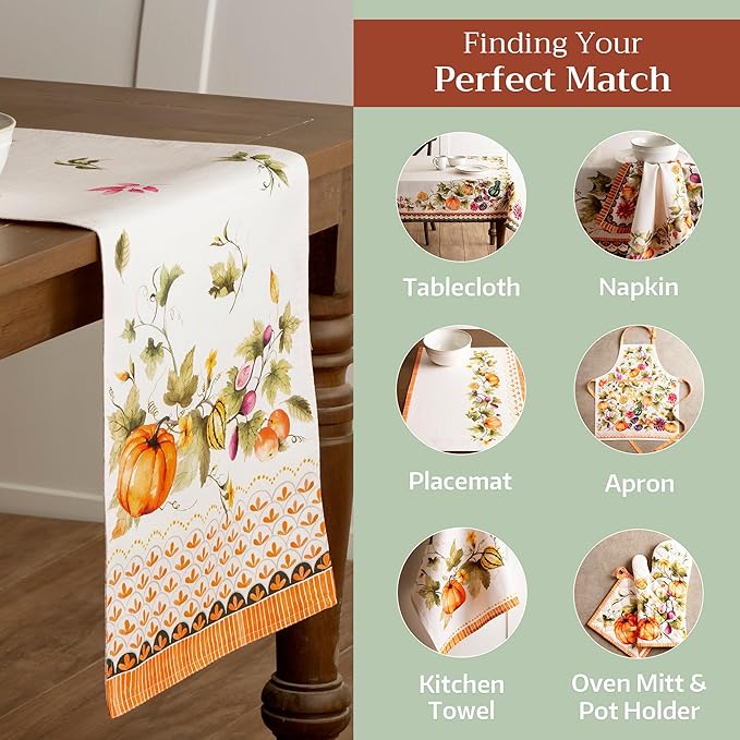 Maison d' Hermine Table Runner 100% Cotton Double Layer Table Runners 108 inches Long for Thanksgiving Christmas Decorations Home Kitchen Dining Wedding (Pumpkin Garden - Cloudy Cream, 14.5" x 108")