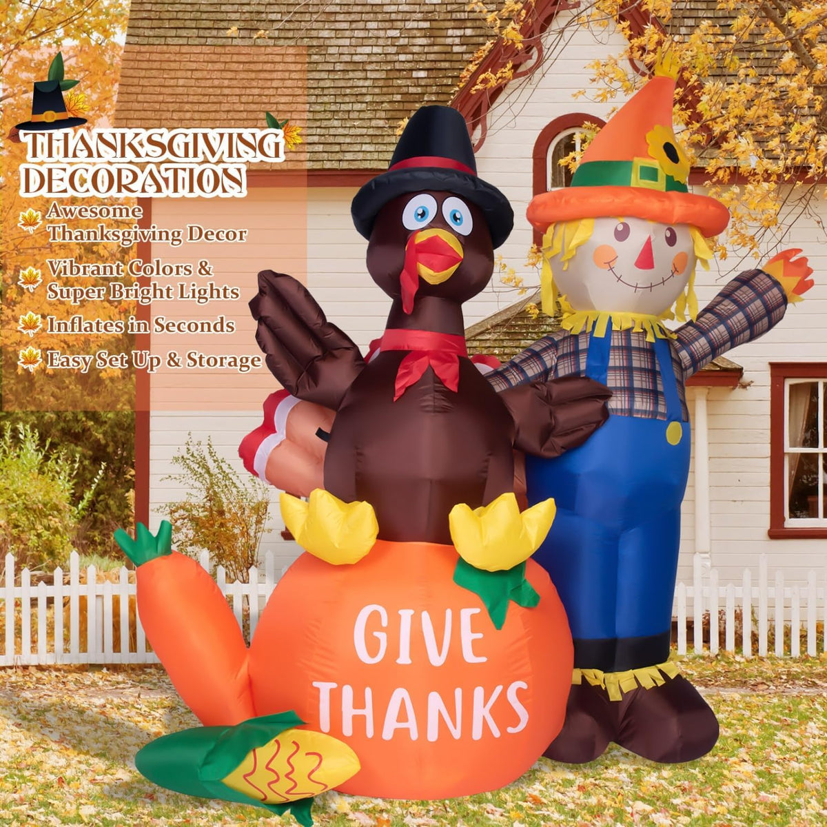 6 ft thanksgiving inflatables turkey and scarecrow decor, close-up detail