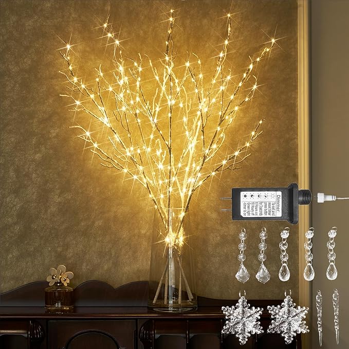 Hairui Lighted White Twig Branches Plug in with Dimmer and Timer 32IN 200 LED Fairy Lights, Lighted Willow Branches for Indoor Outdoor Home Room Christmas Decoration (Vase Excluded)