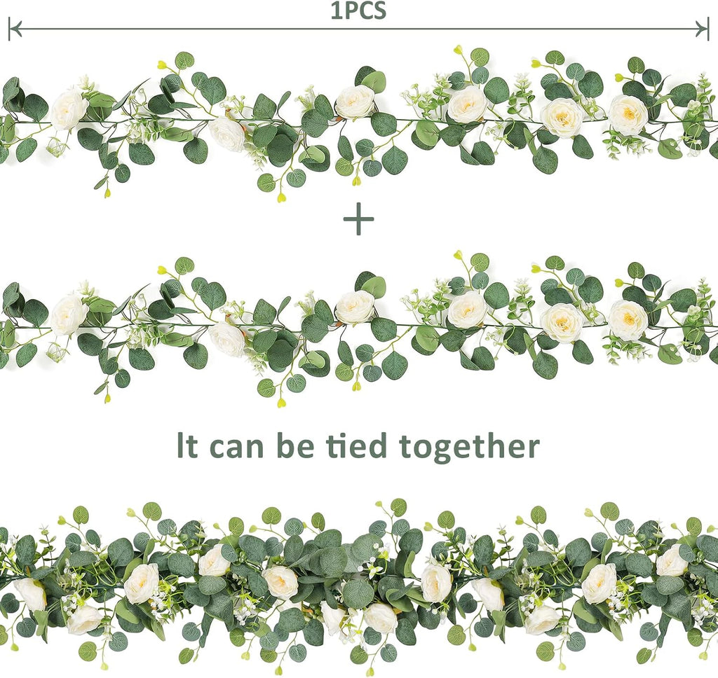 TOCHGREEN 4 Pack Artificial Eucalyptus Flower Garland with White Roses