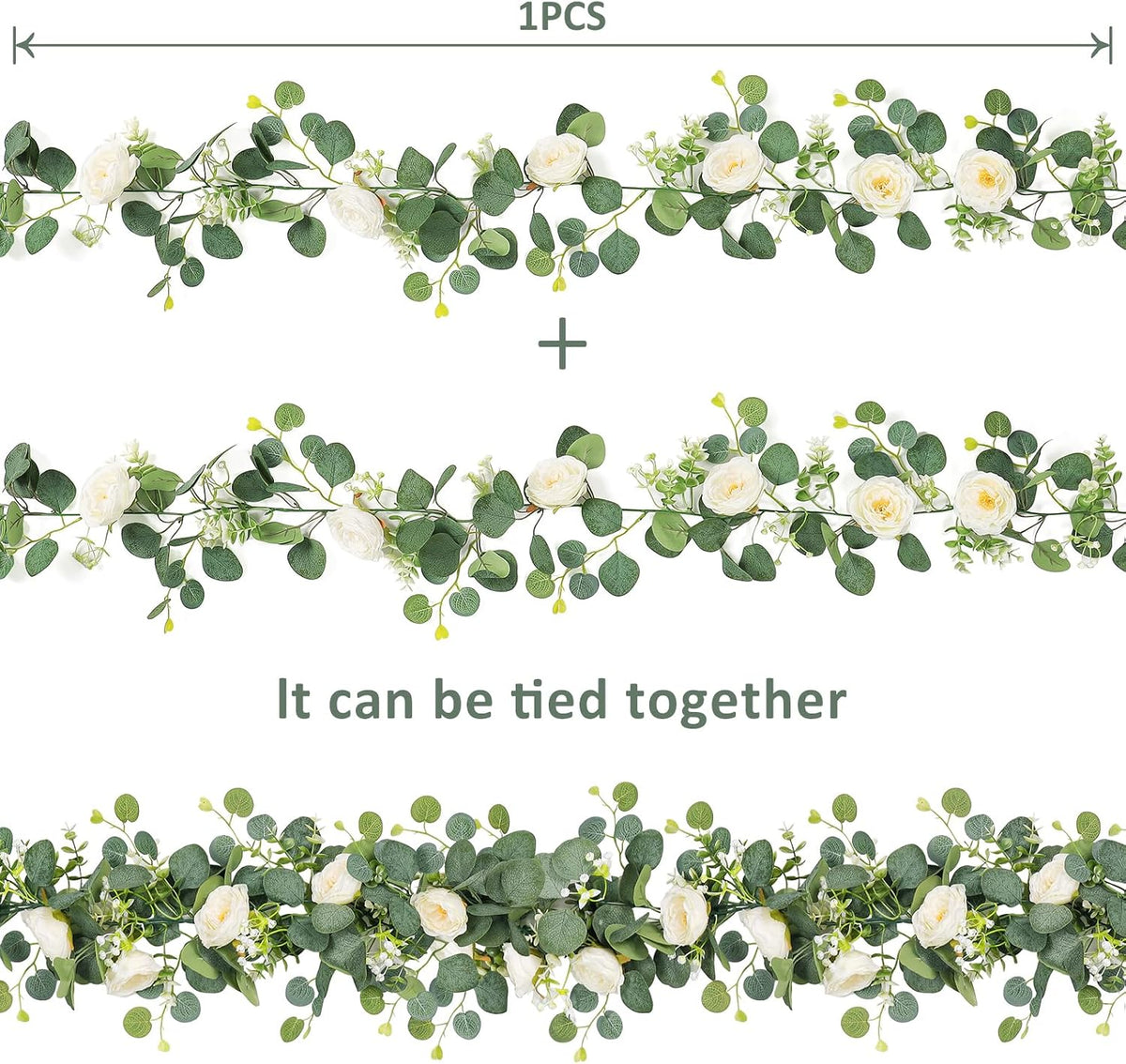 TOCHGREEN 4 Pack Artificial Eucalyptus Flower Garland with White Roses